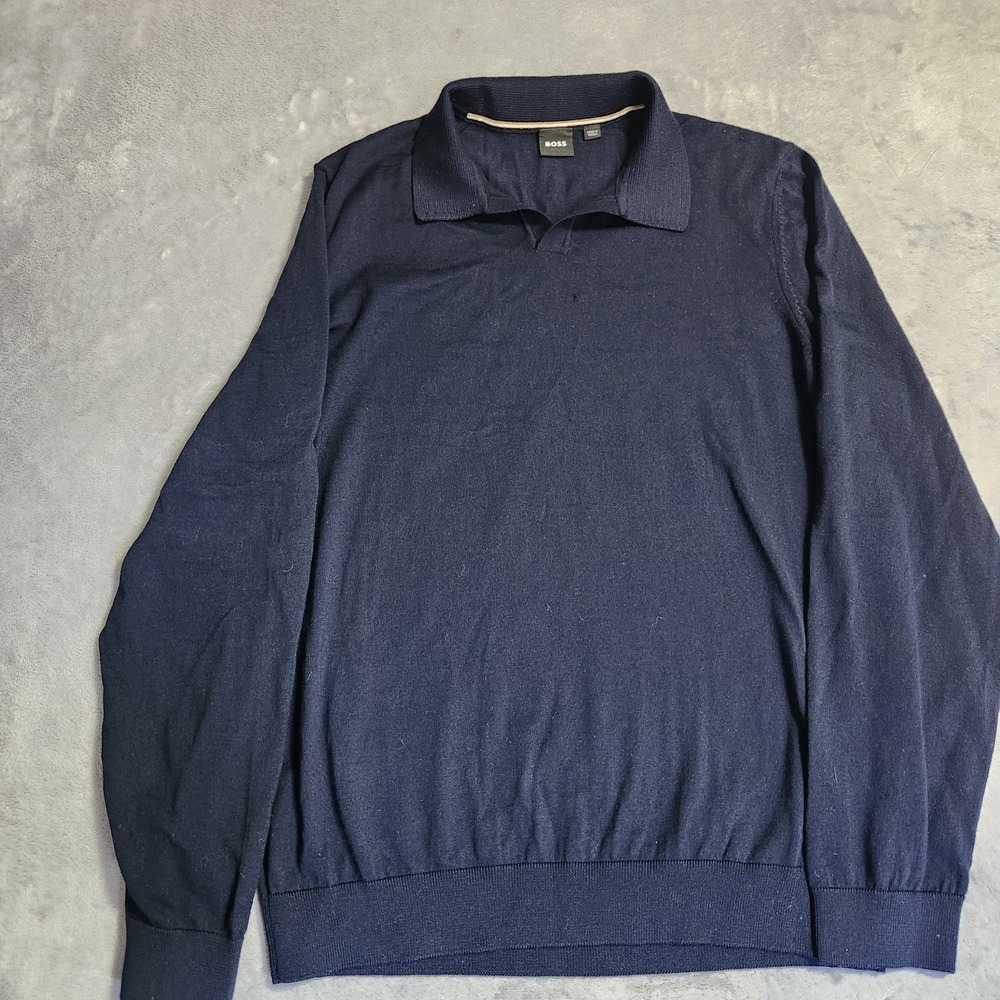 Hugo Boss Mens Navy Blue Long Sleeve Polo Sweater 100% Virgin Wool Size L Flaw